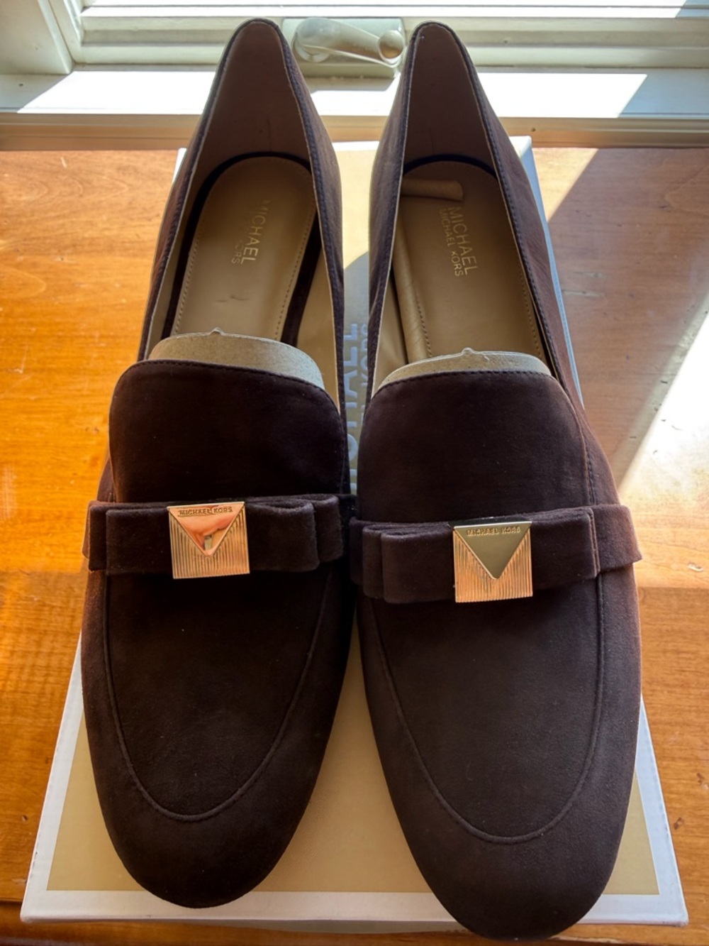 Michael Kors Brown Suede Loafers with Gold Triangle Accent
